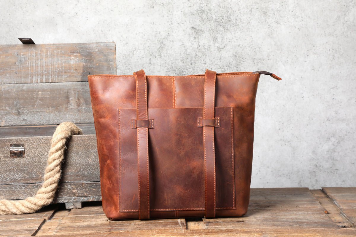 Men's Leather Tote Bag - Brown - Image 3